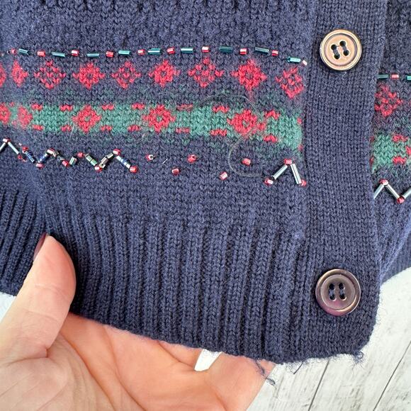 VTG JH Collectibles Blue Wool Fair Isle Beaded Button-Up Sweater Vest Size Large - Picture 5 of 13